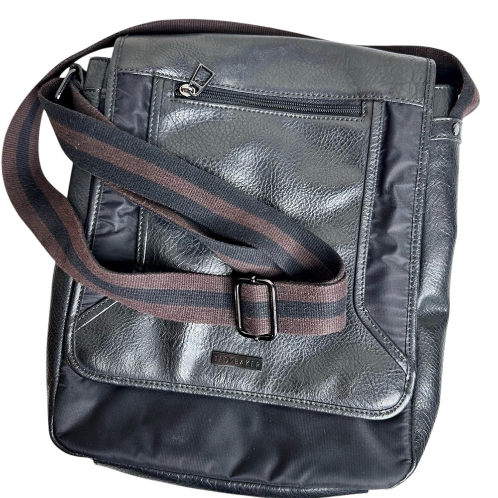 Ted Baker Leather Crossbody Messenger Bag Flap W/ Striped Guitar Strap